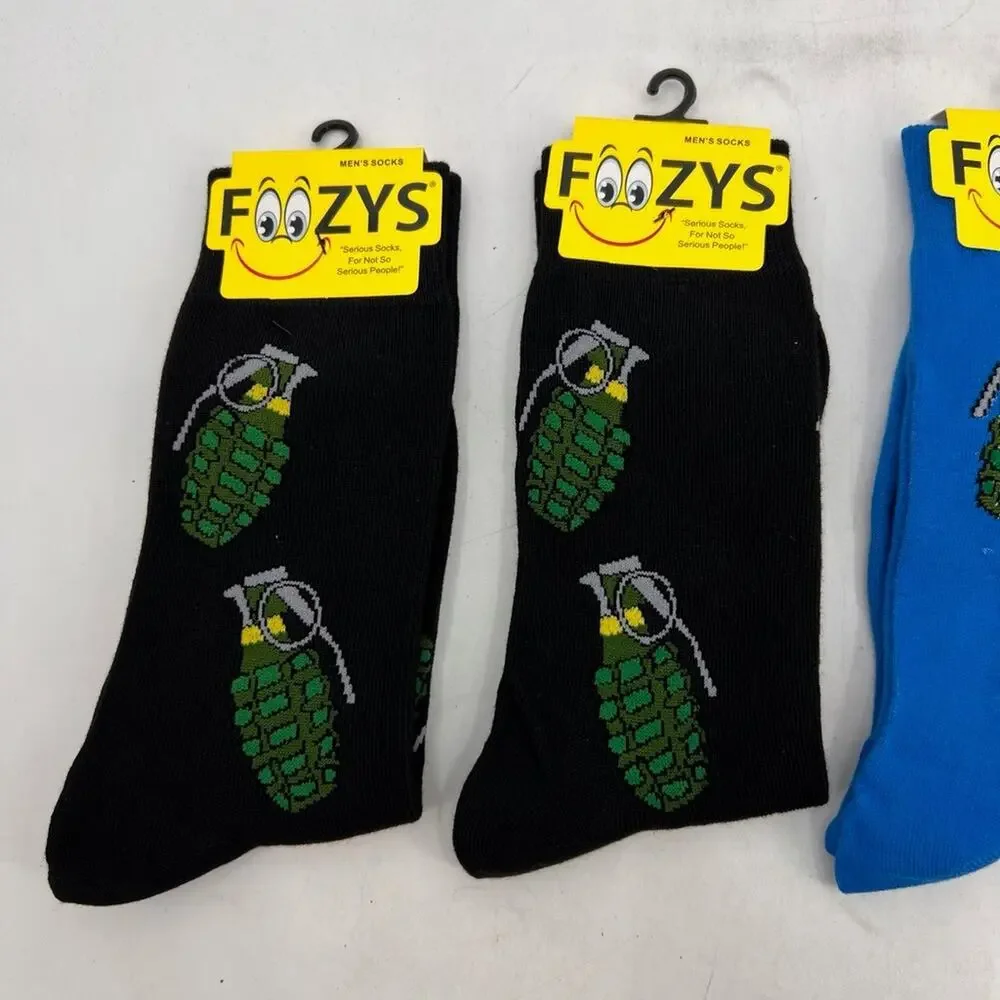 Foozys Socks Mens 6-12 Black Blue Stretch Crew Breathable Military Grenade Theme